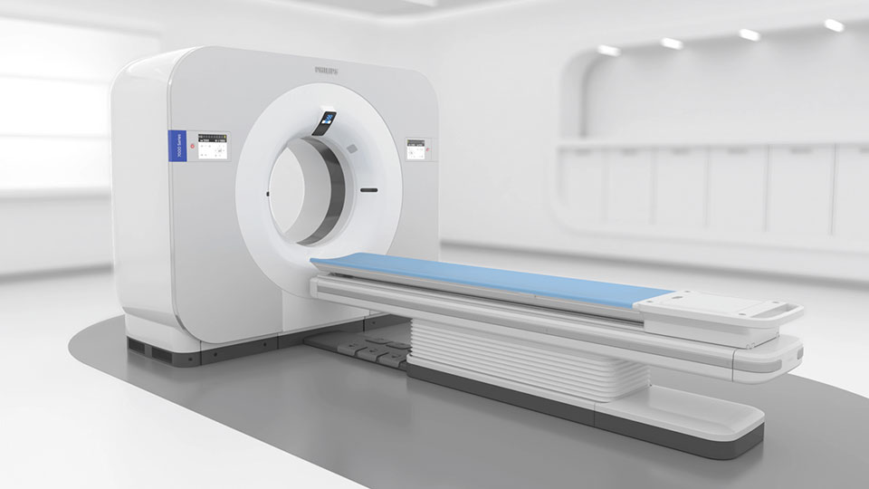 Sistema Spectral CT 7500 de Philips con consultas al detector espectral, mesa de paciente, tubo de 80 cm de diámetro y control del panel táctil del gantry